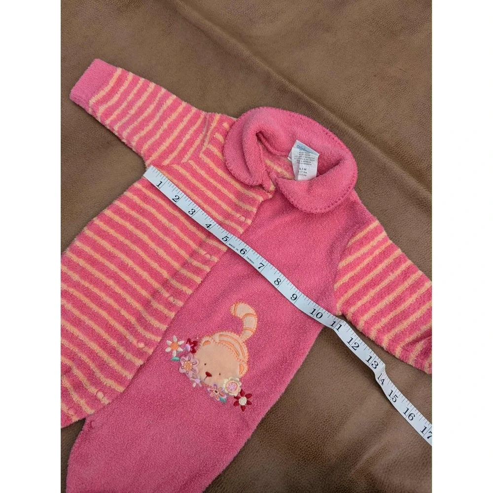 Vtg Carter's Pink Orange Stripe Cat Terry Cloth Baby Girl Sleeper 0-3 Mos Footed
